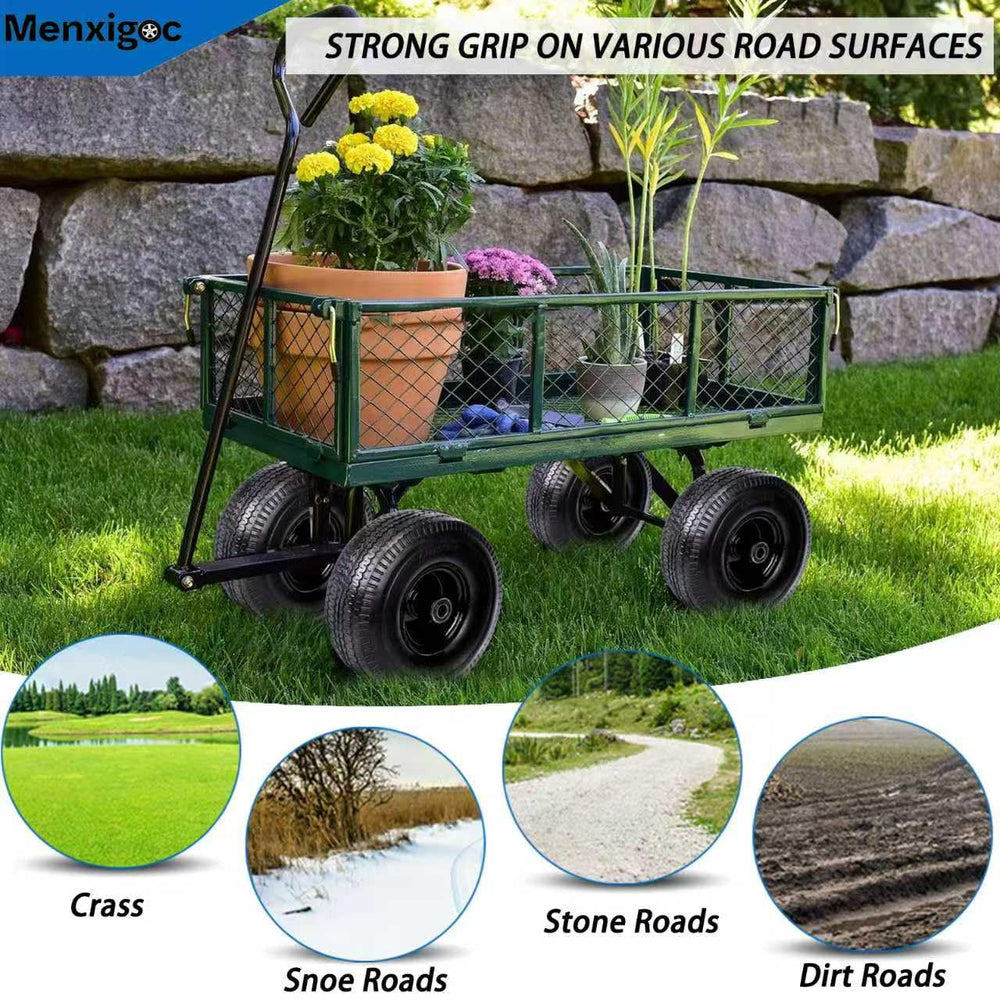 menxigoc garden cart with wheels on gravel illustrating no-flat performance