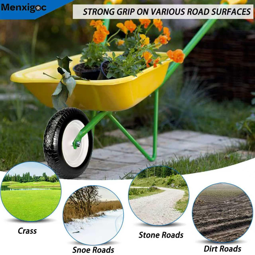 menxigoc wheel on garden wheelbarrow in yard showing maintenance-free use