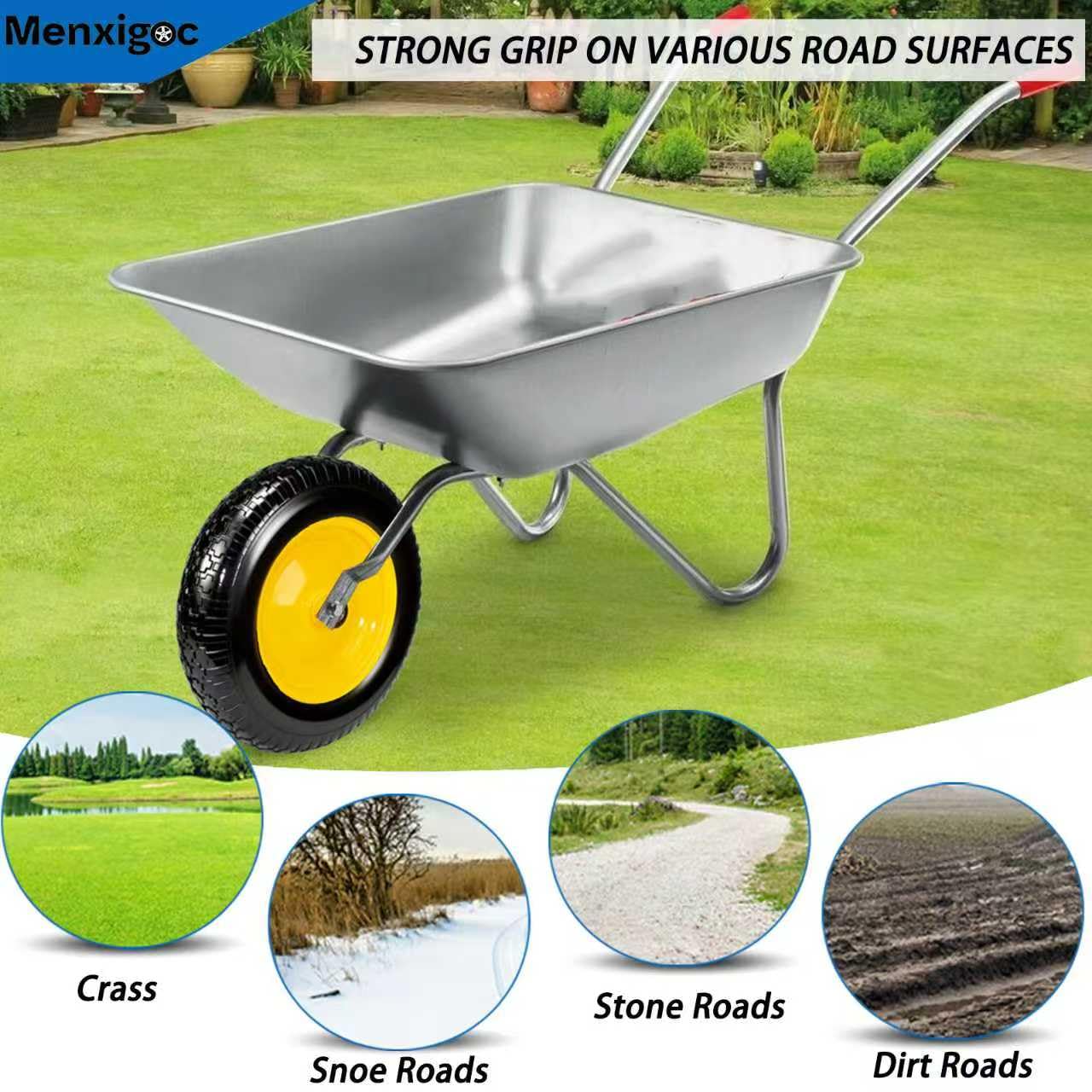 menxigoc wheelbarrow on rough terrain lifestyle shot showing reliable performance