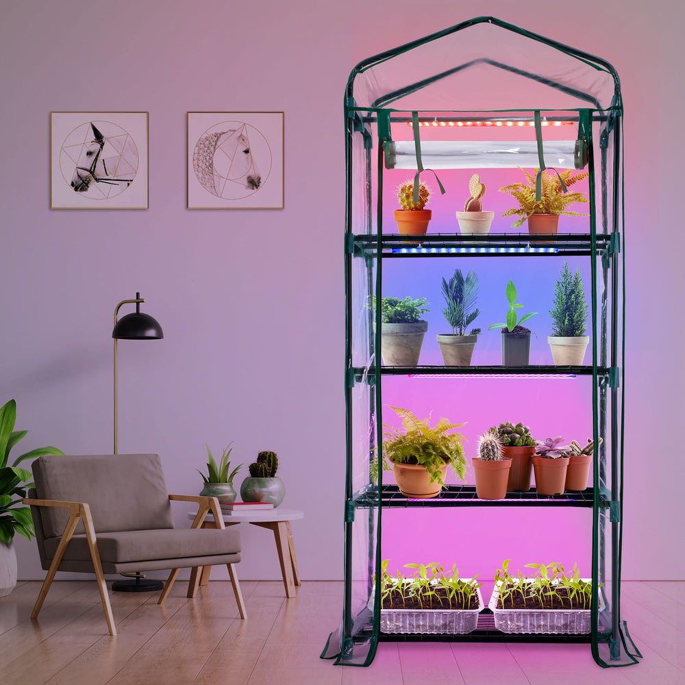 Meonum roll-up door tied open for ventilation and convenient plant care