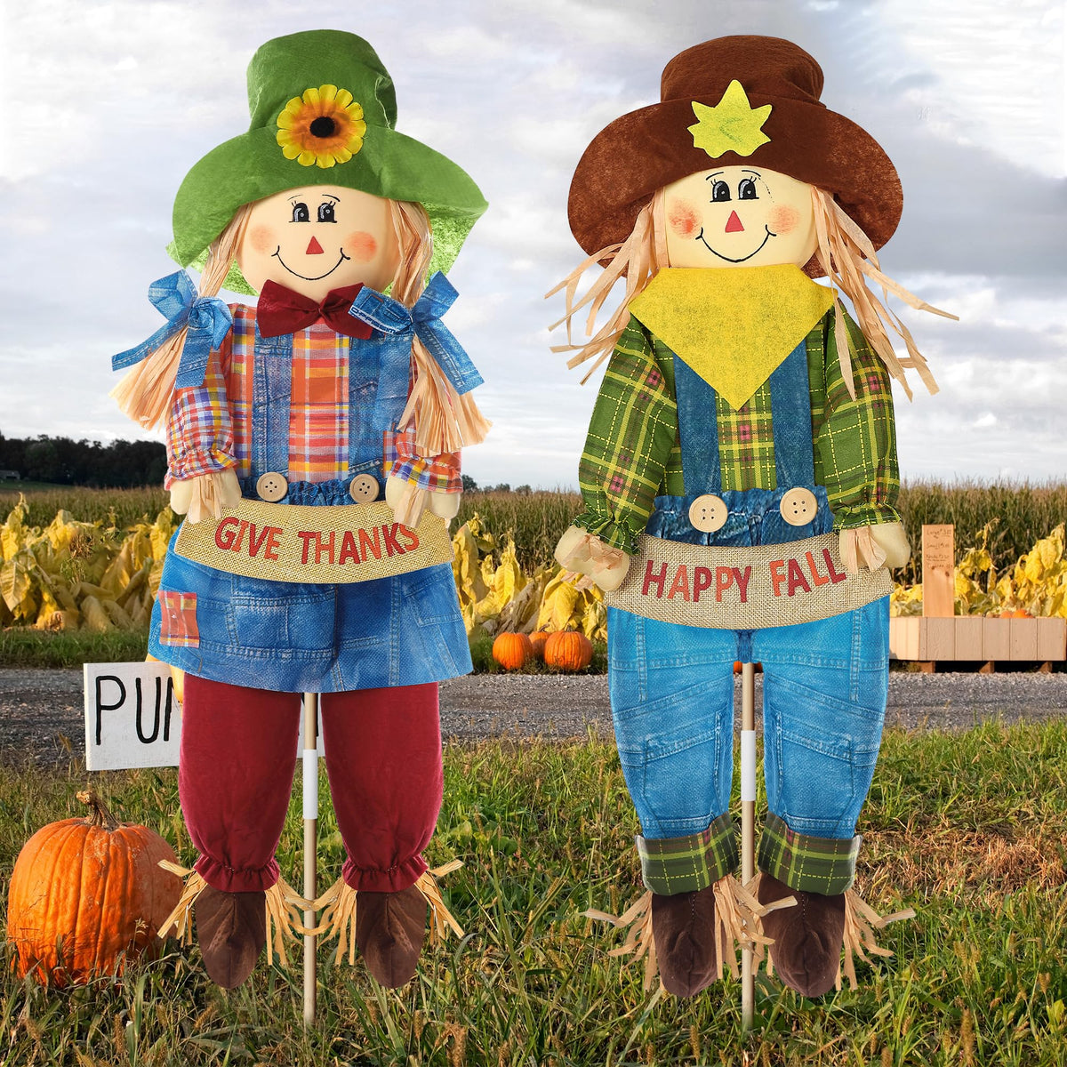 Meonum front view scarecrow pair creating welcoming fall curb appeal