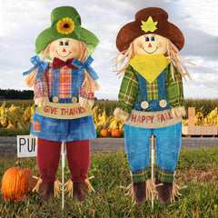 Meonum front view scarecrow pair creating welcoming fall curb appeal