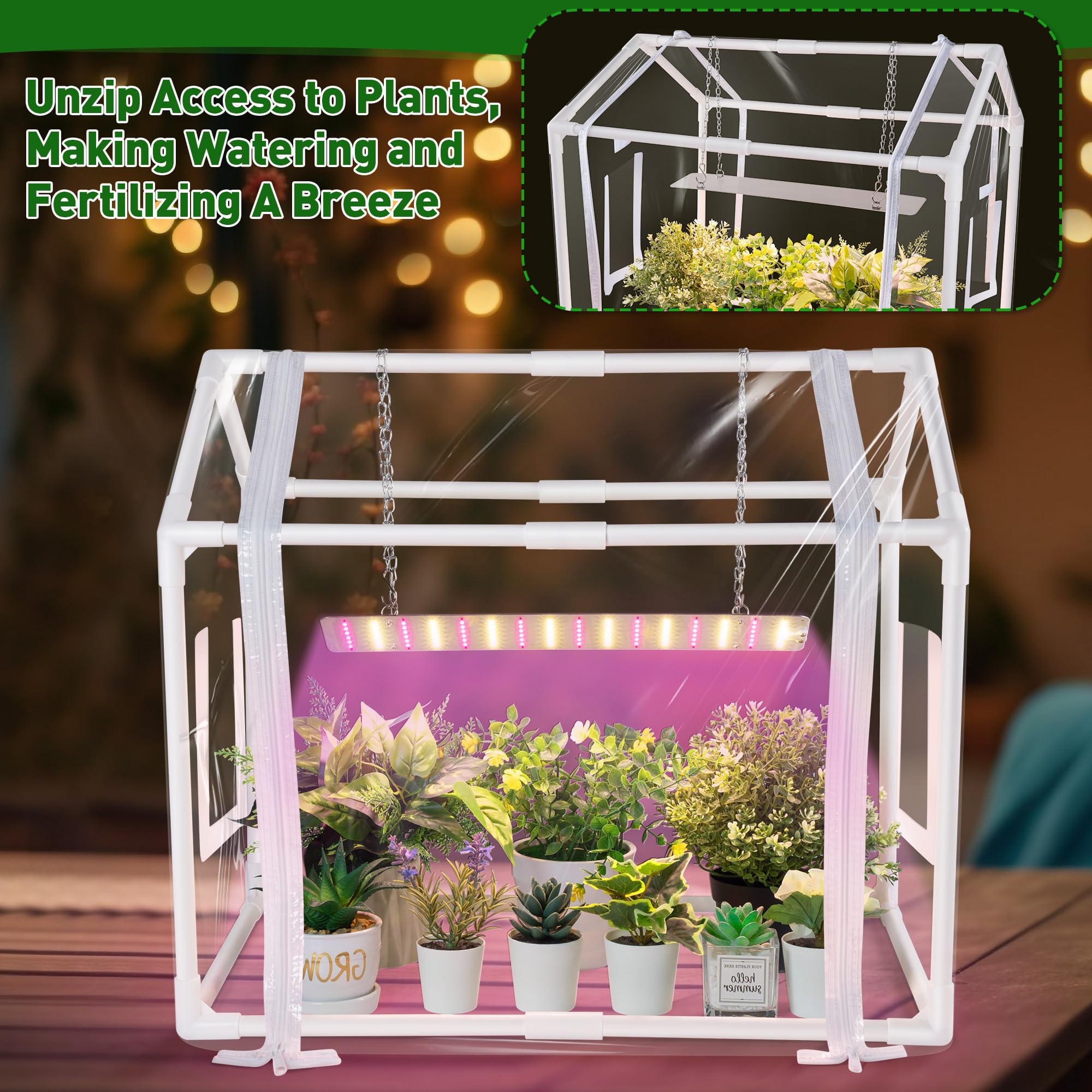 Meonum greenhouse size comparison with hand illustrating compact portability