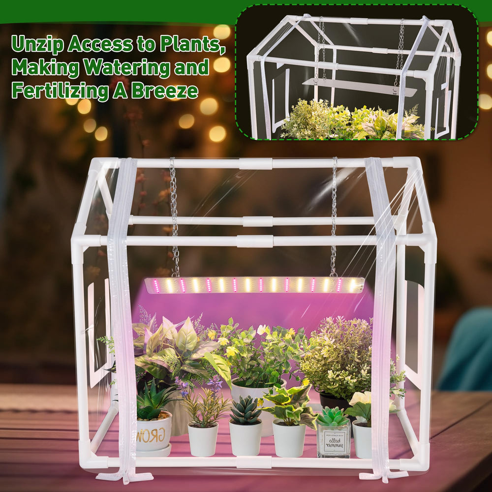 Meonum greenhouse size comparison with hand illustrating compact portability
