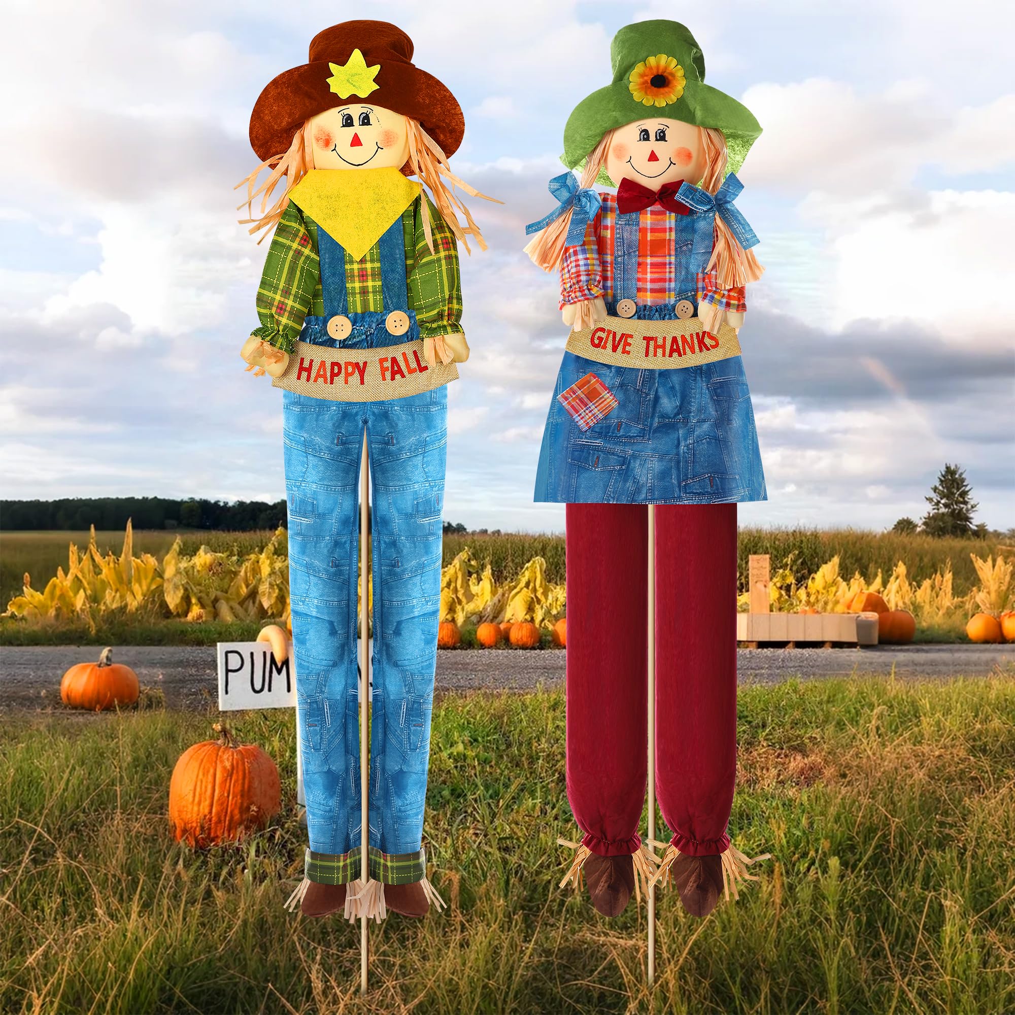 Meonum scarecrow front view showing denim outfit and welcoming expression