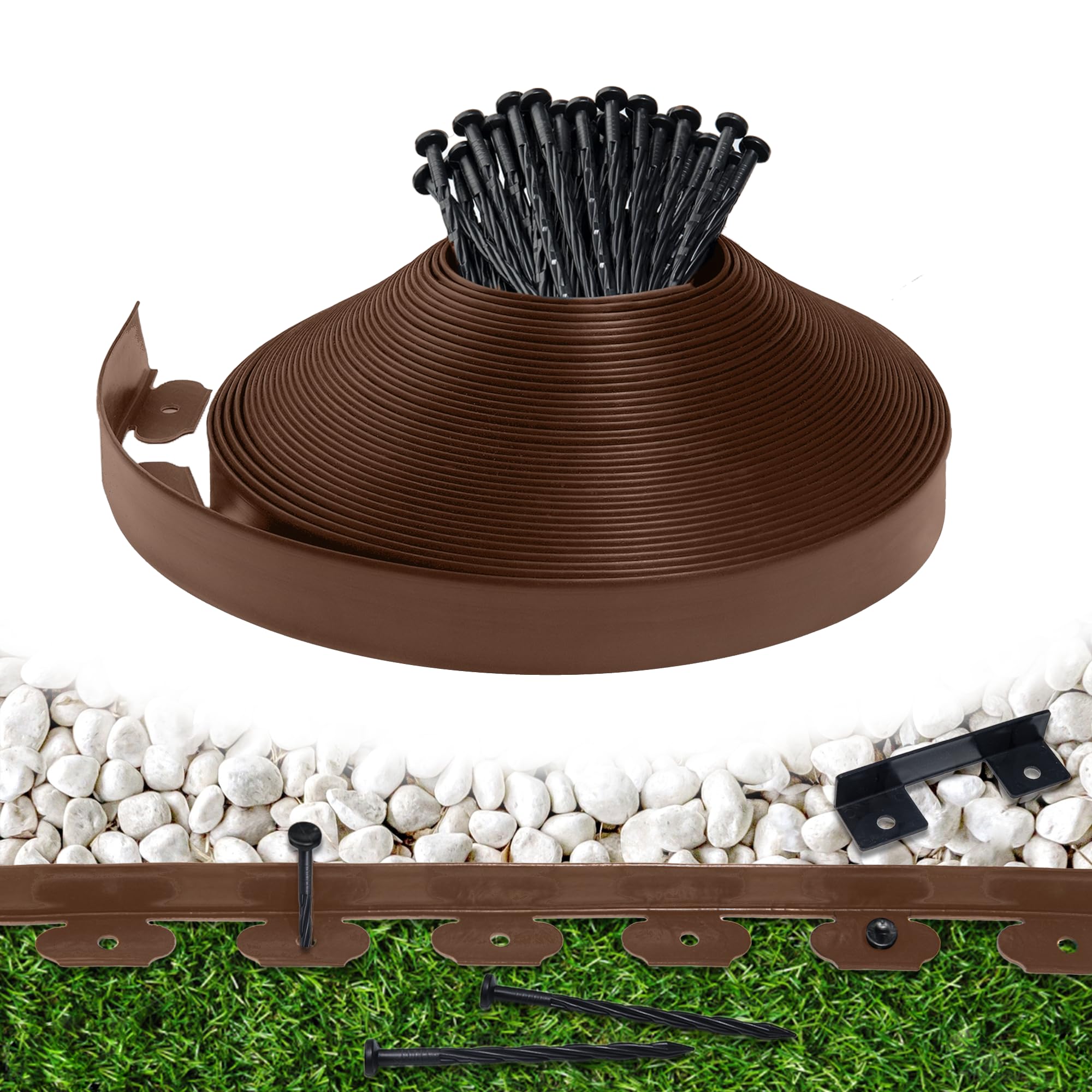 Meoslss front view of brown garden edging roll showing length and packaging benefits