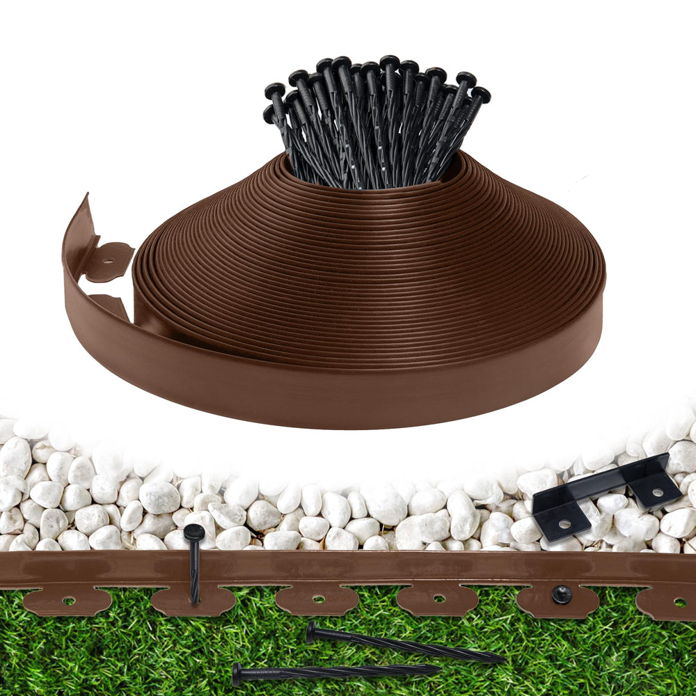 Meoslss front view of brown garden edging roll showing length and packaging benefits