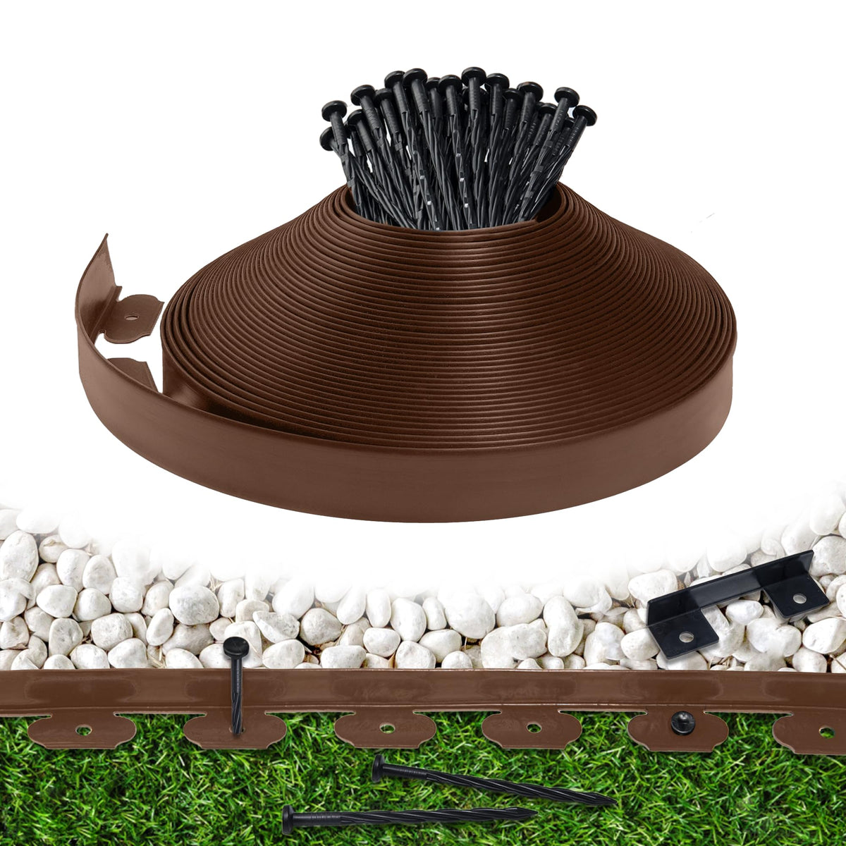 Meoslss front view of brown garden edging roll showing length and packaging benefits