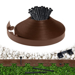Meoslss front view of brown garden edging roll showing length and packaging benefits