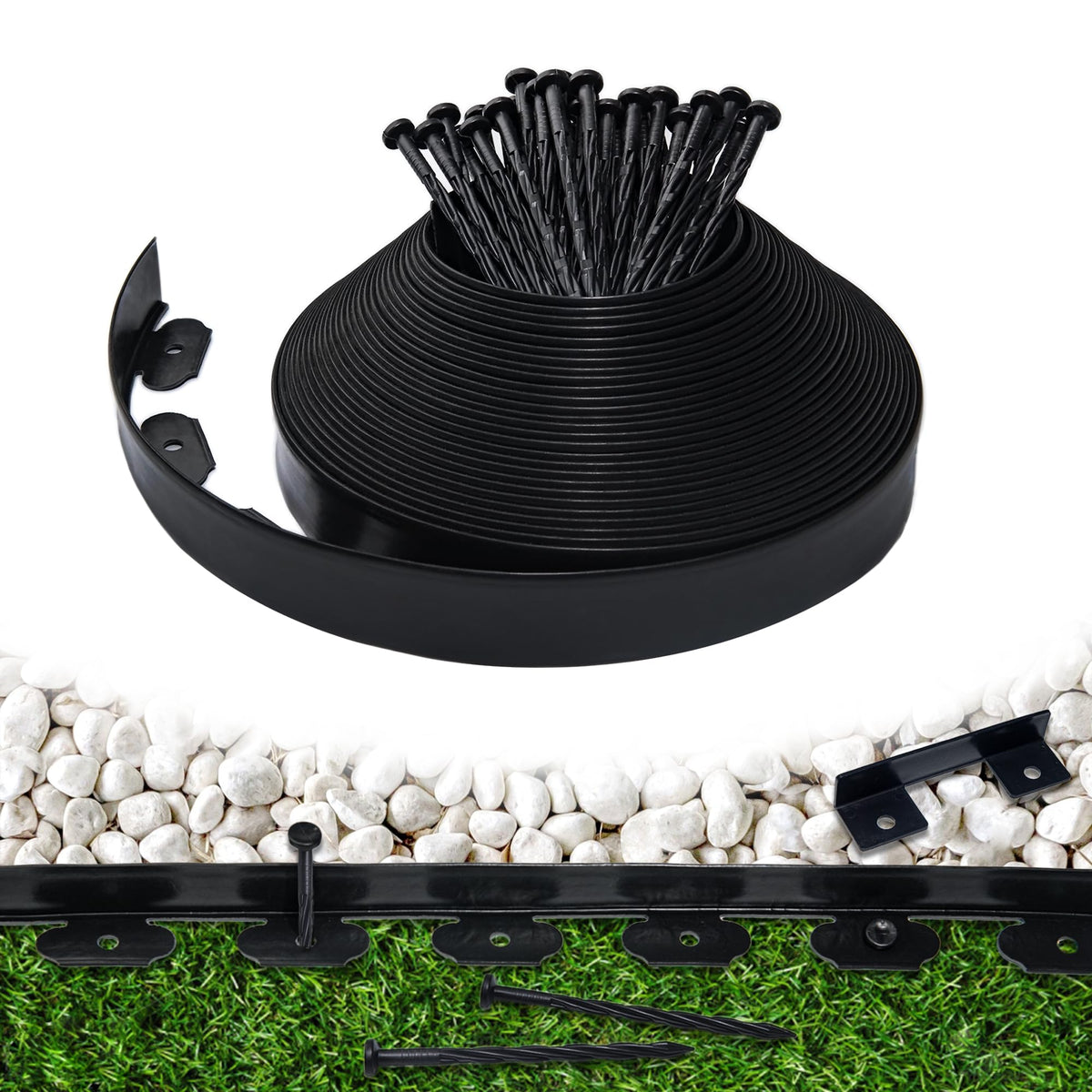 Meoslss front view of 60ft edging roll showing compact packaging and easy installation