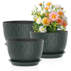 Meowell front view of three black green-speckled pots showing modern design benefit