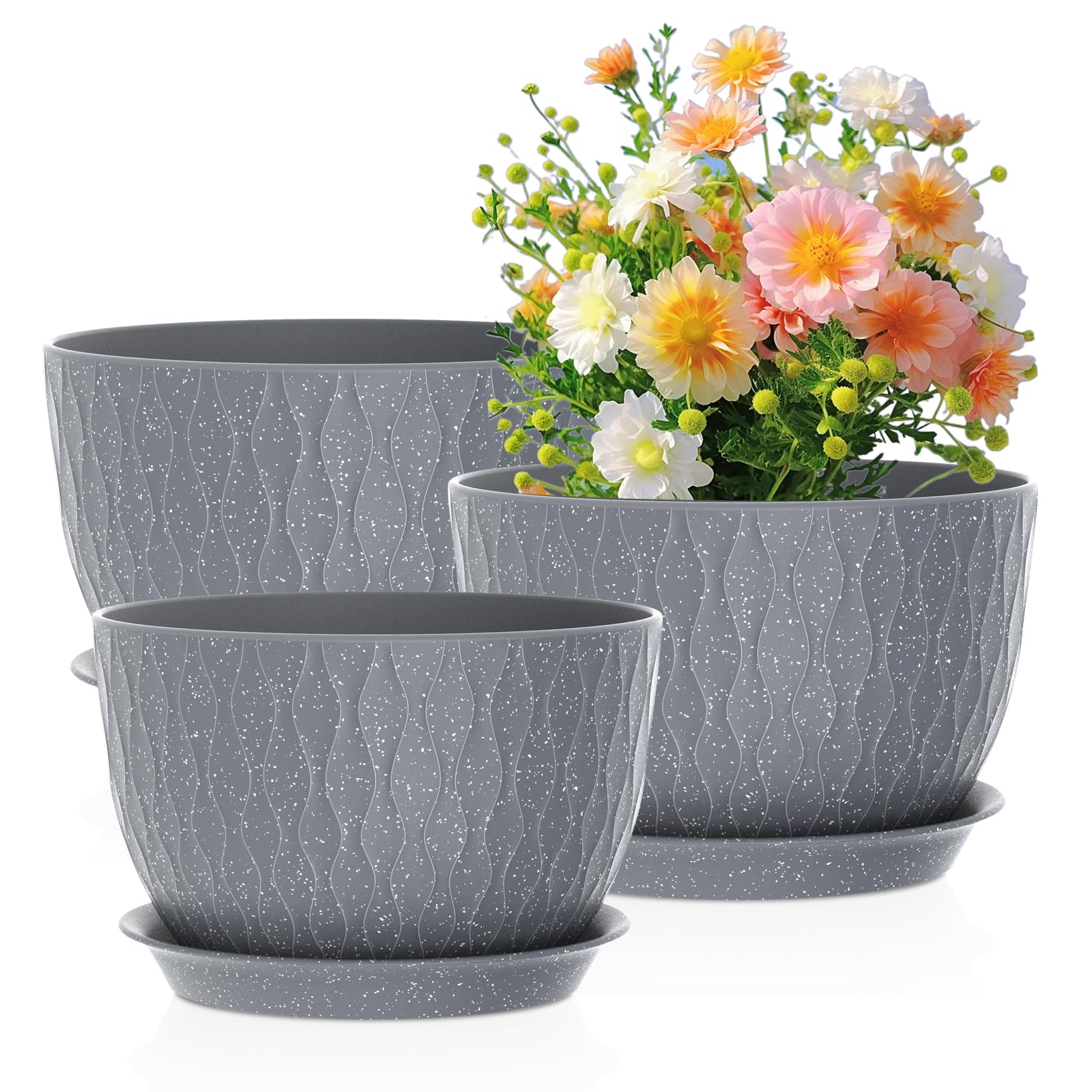 Meowell speckled grey set front view shows modern planters and styling benefit