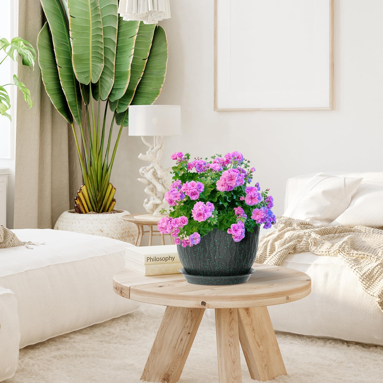 Meowell planter in living room with plant showing attractive indoor styling