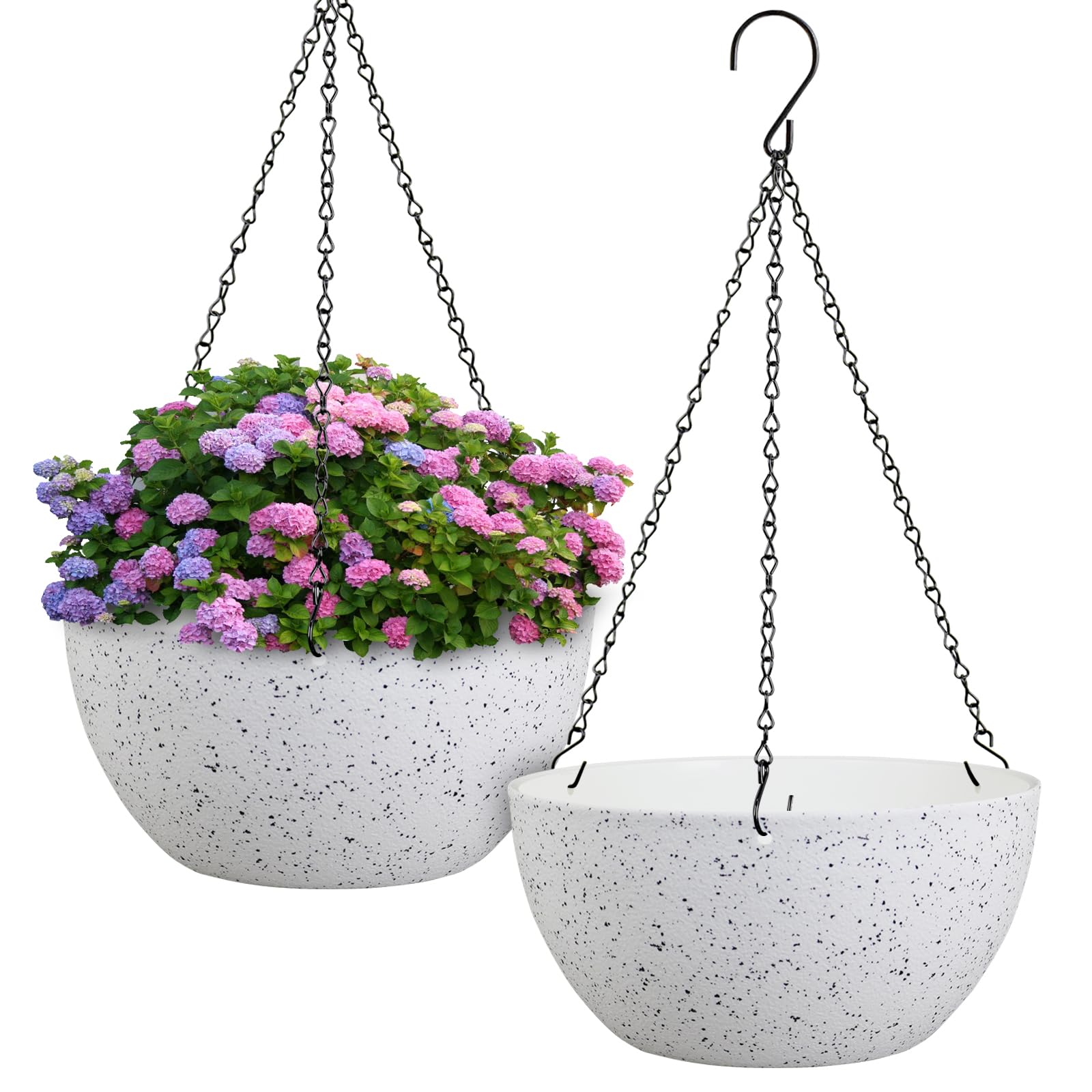 Meowell front view showing speckled white planter and hanging chain for stylish display