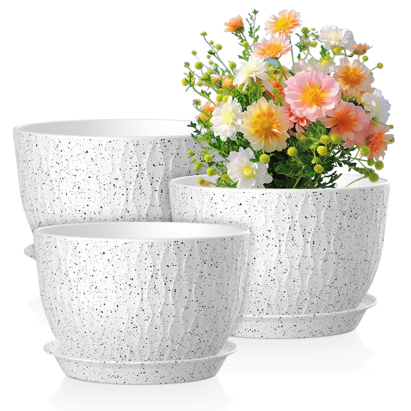 Meowell front view speckled white planters showing modern ripple design and curb appeal