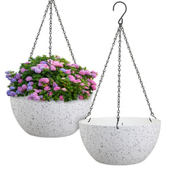 Meowell front view showing speckled white planter and hanging chain for stylish display