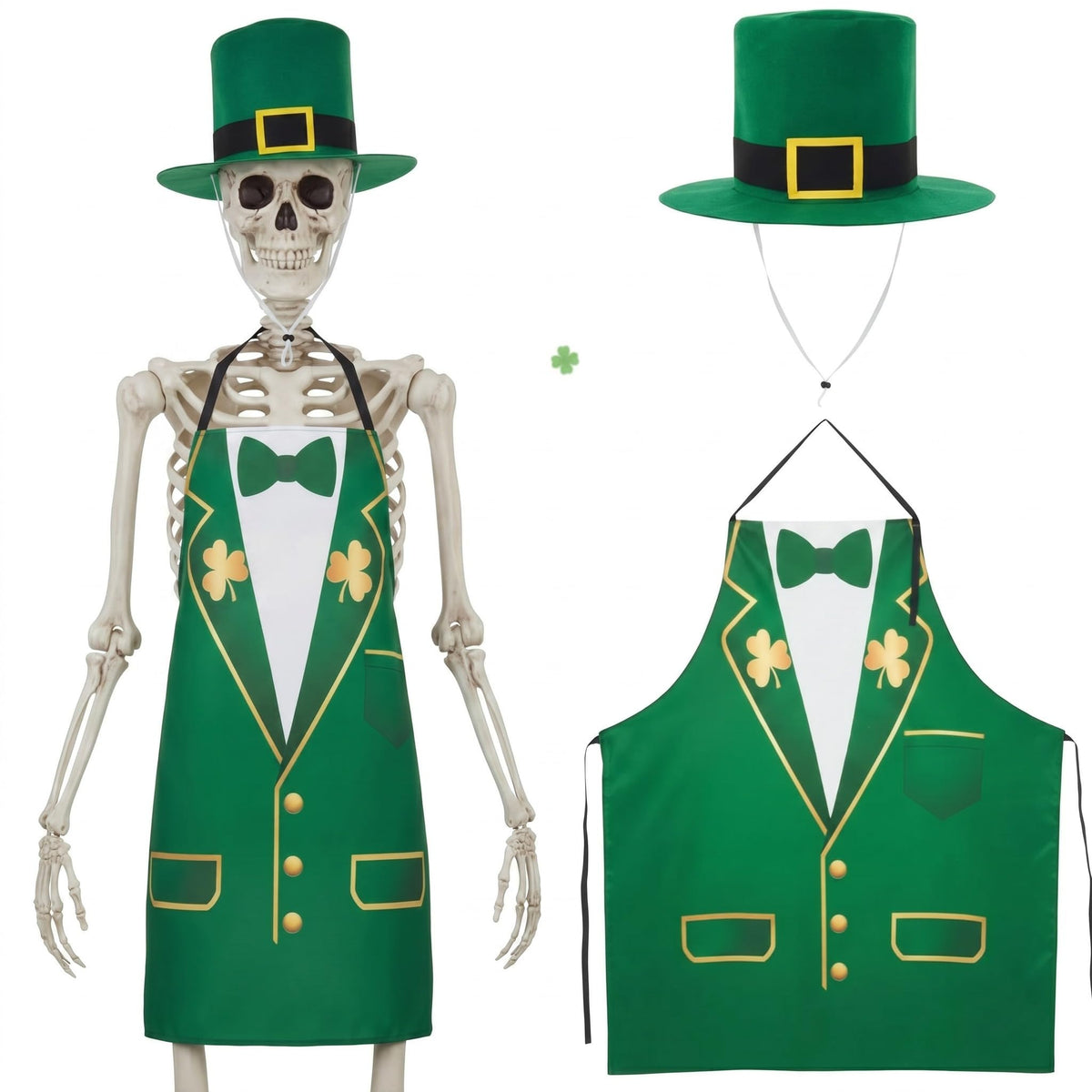 Mepase skeleton front view showing green hat and apron for festive curb appeal