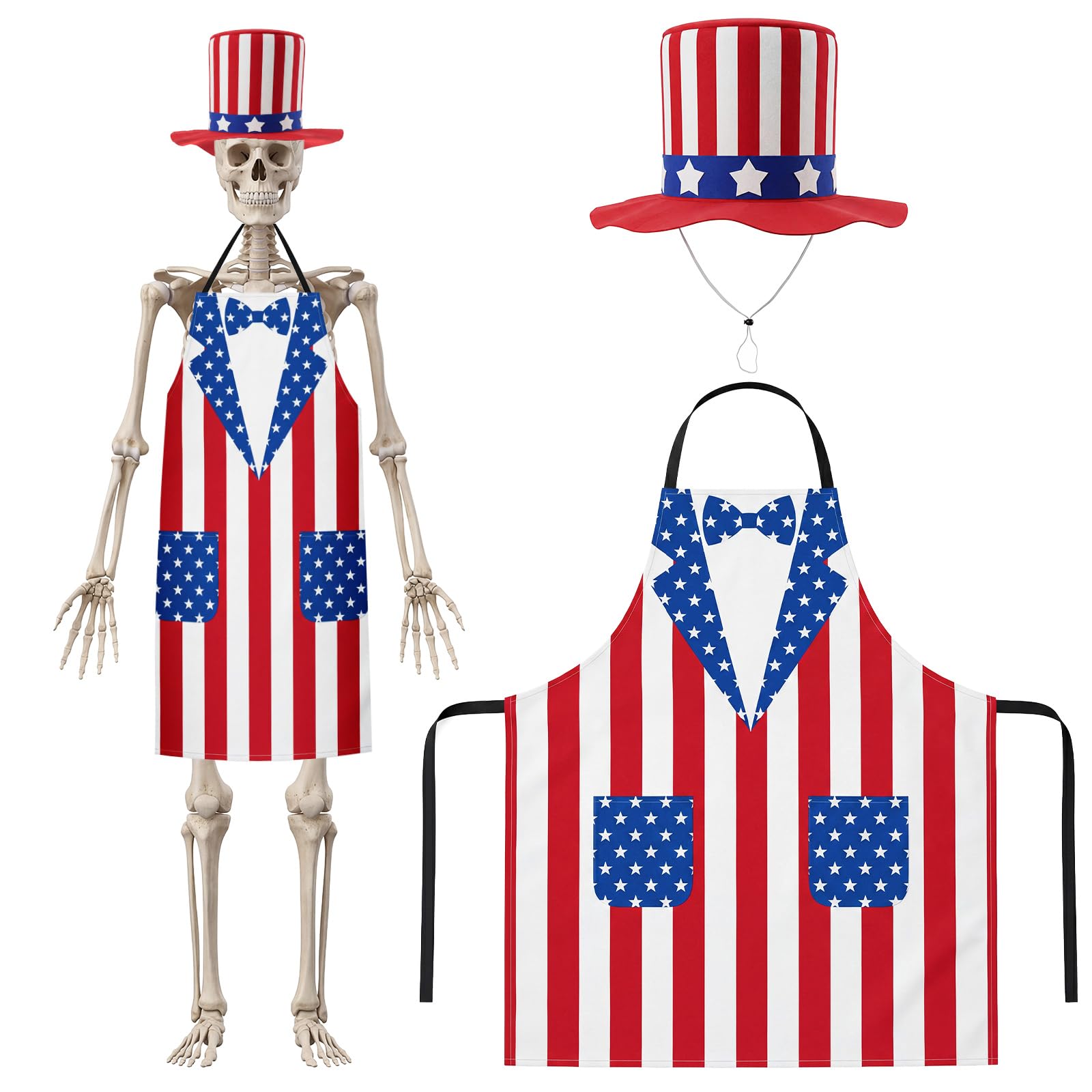 Mepase front view of 12ft skeleton in patriotic hat and apron for bold curb appeal
