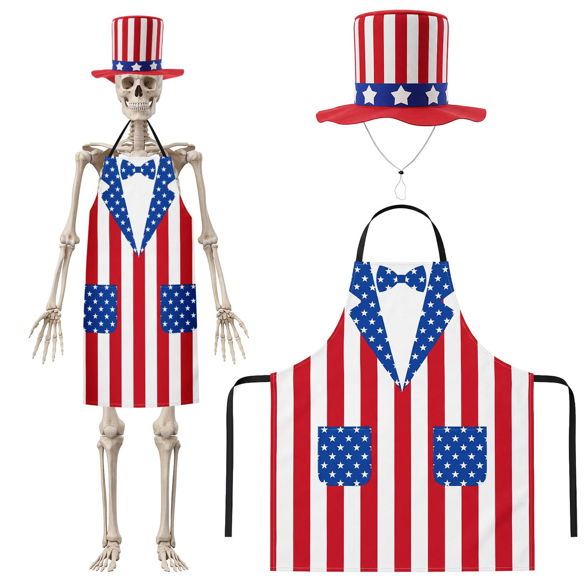 Mepase front view of 12ft skeleton in patriotic hat and apron for bold curb appeal