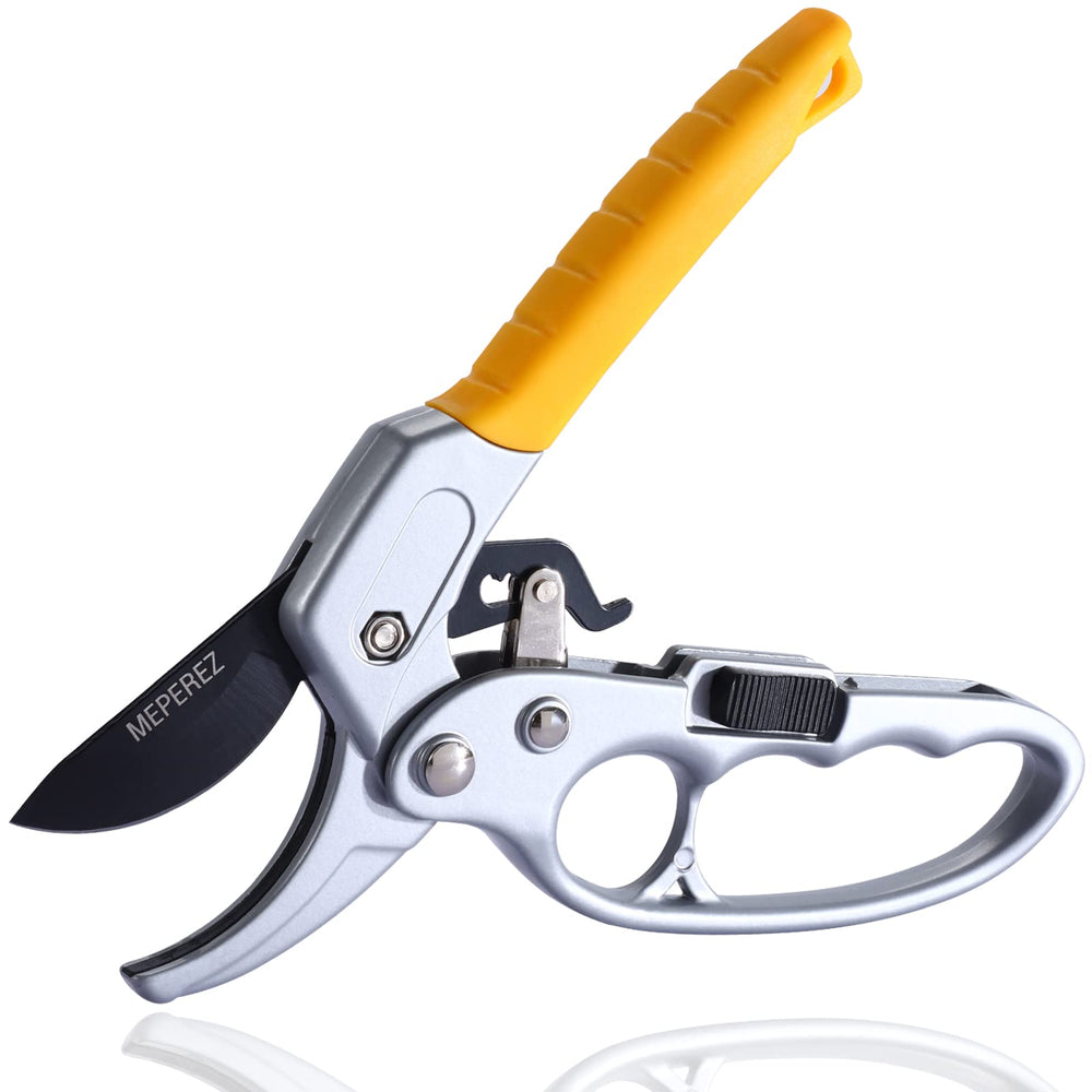 MEPEREZ shears placed in backyard garden setting showing ready-to-use practicality