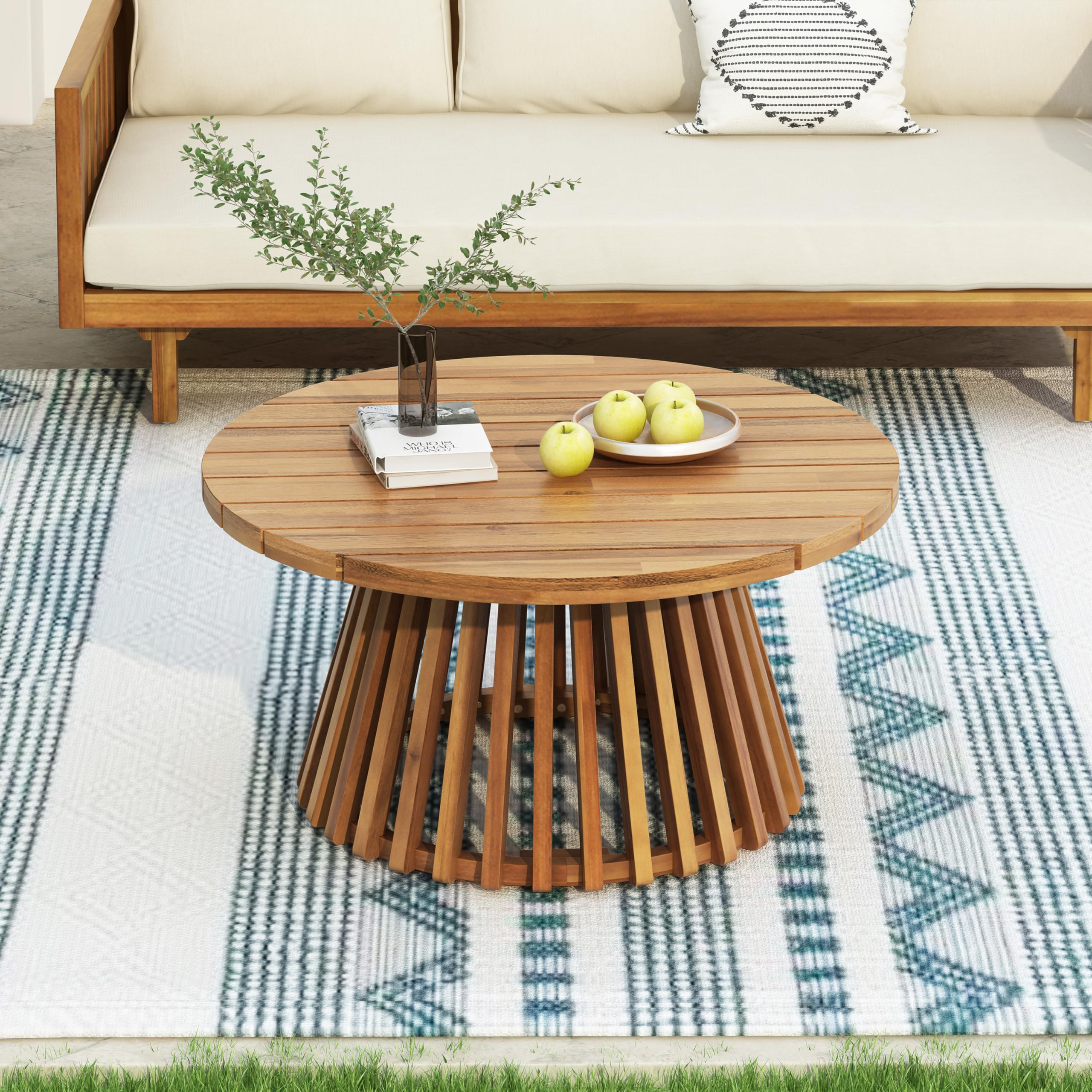 Merax front view of round coffee table showing sturdy design and natural warmth