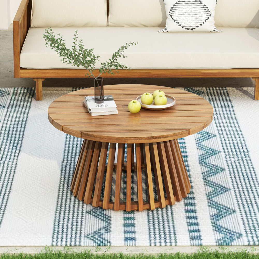 Merax front view of round coffee table showing sturdy design and natural warmth