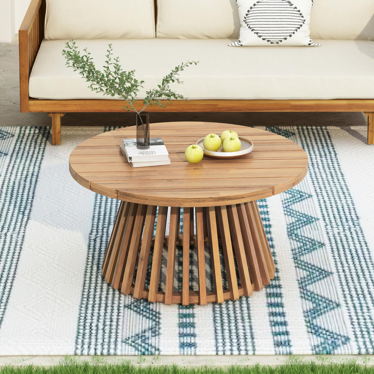 Merax front view of round acacia table showing stable design and visual appeal