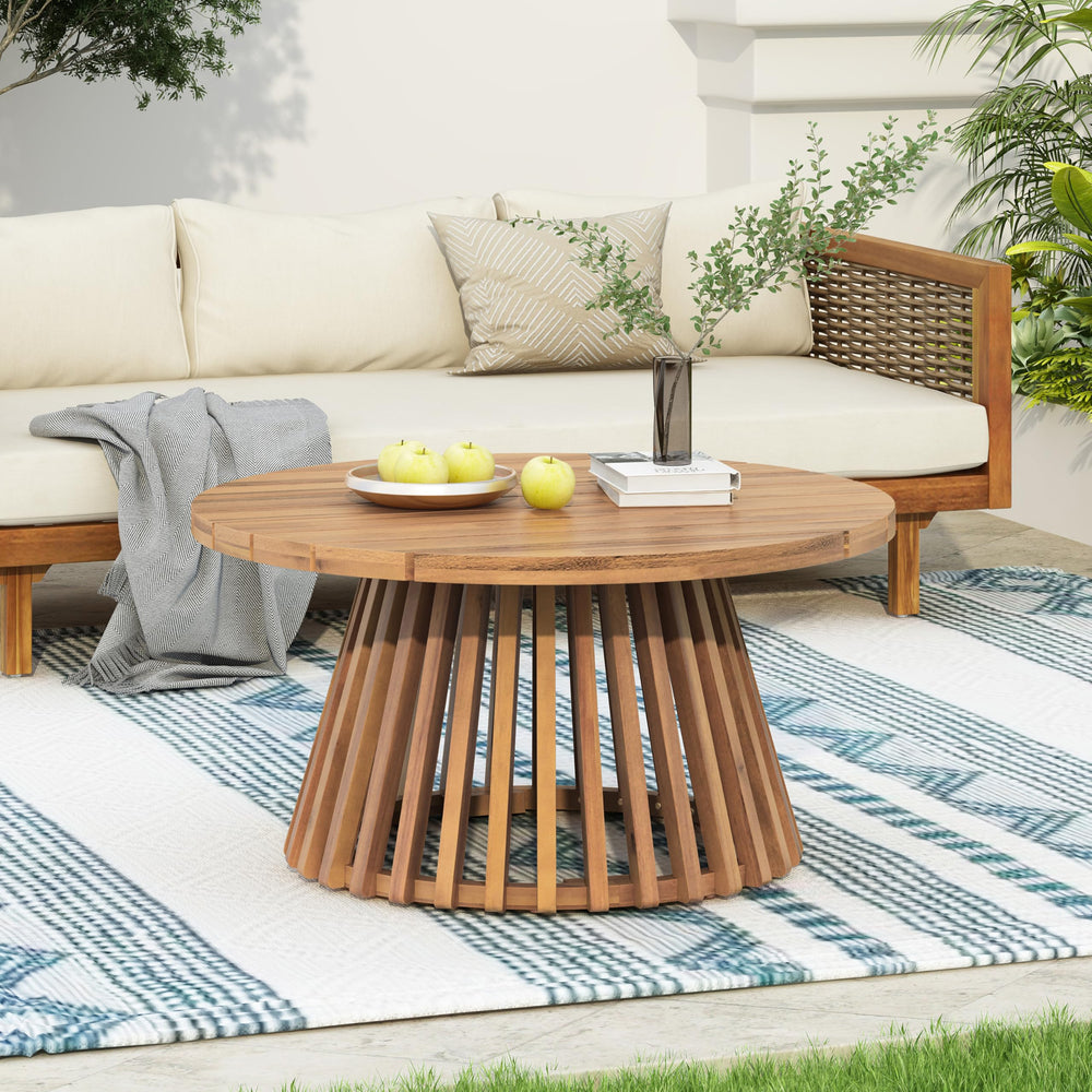 Merax close-up of acacia wood grain top emphasizing natural texture and durability