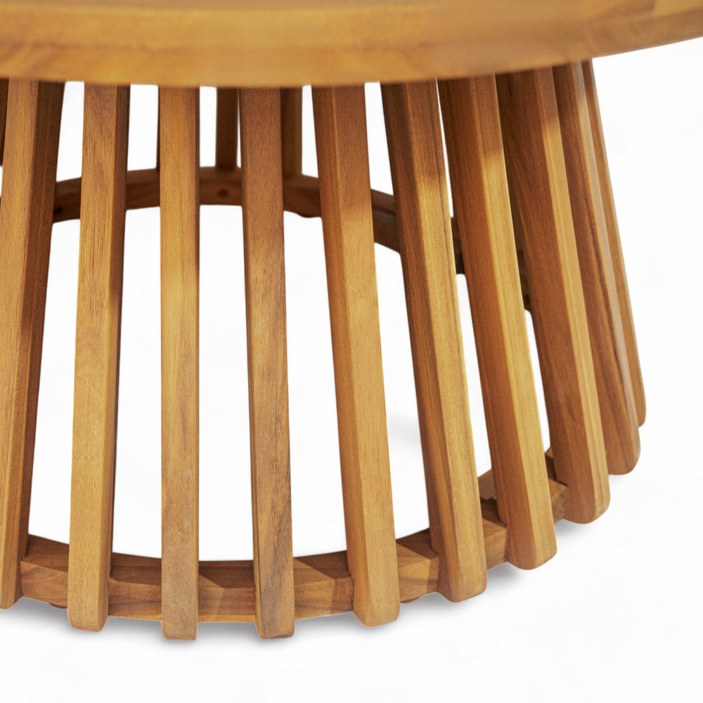 Merax teak-finish tabletop with decor showing attractive finish and usability