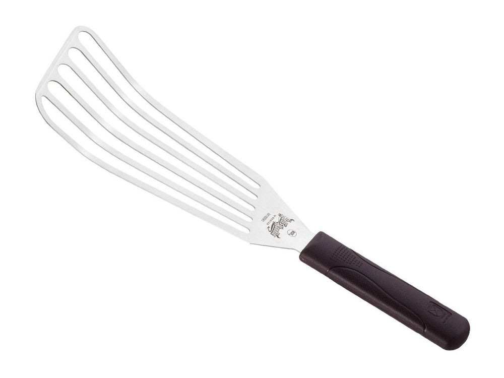 Mercer Hell's Handle blade edge detail highlighting thin precision-ground steel for delicate lifting