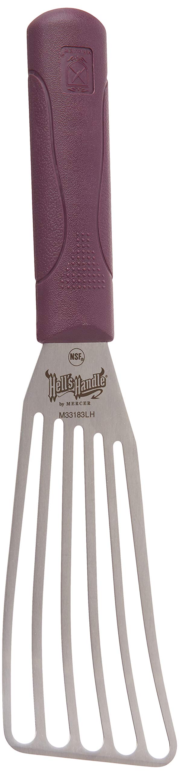 Mercer Culinary Hell's Handle fish turner front view showing blade and scale for precision