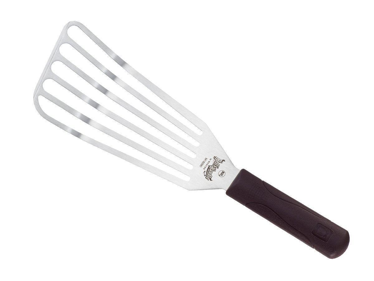 Mercer Hell's Handle front view showing full 4x9 stainless blade and handle for reliable flipping