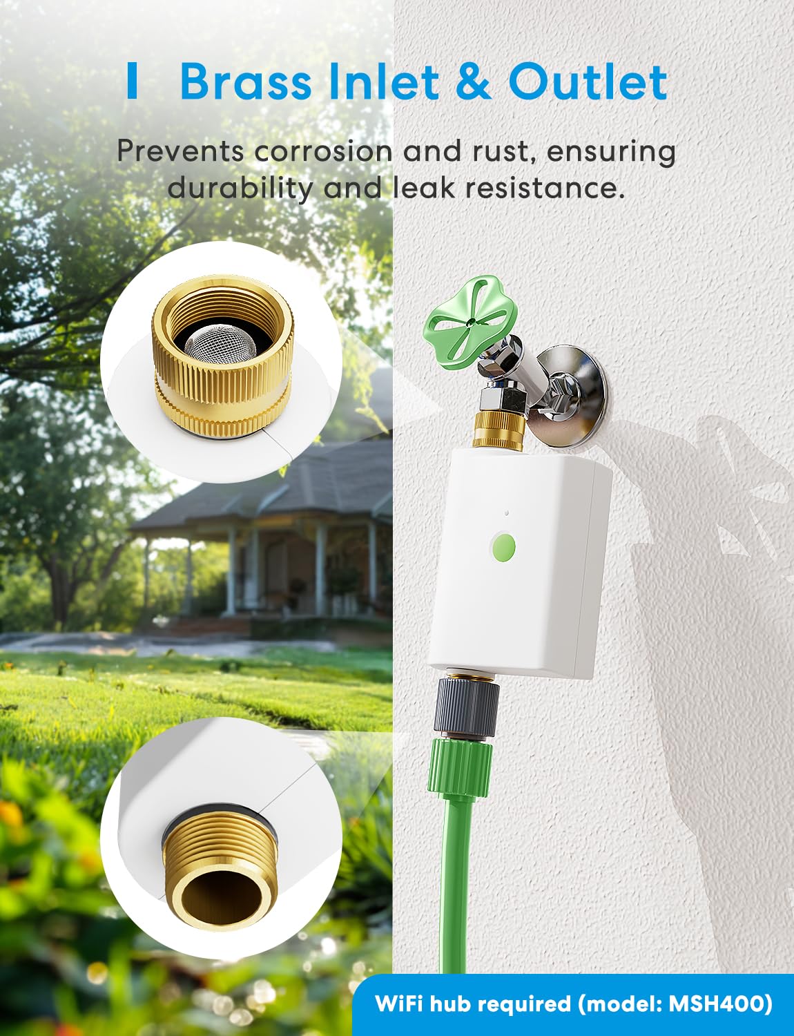 meross close-up of brass inlet and outlet demonstrating corrosion resistance for long-lasting use