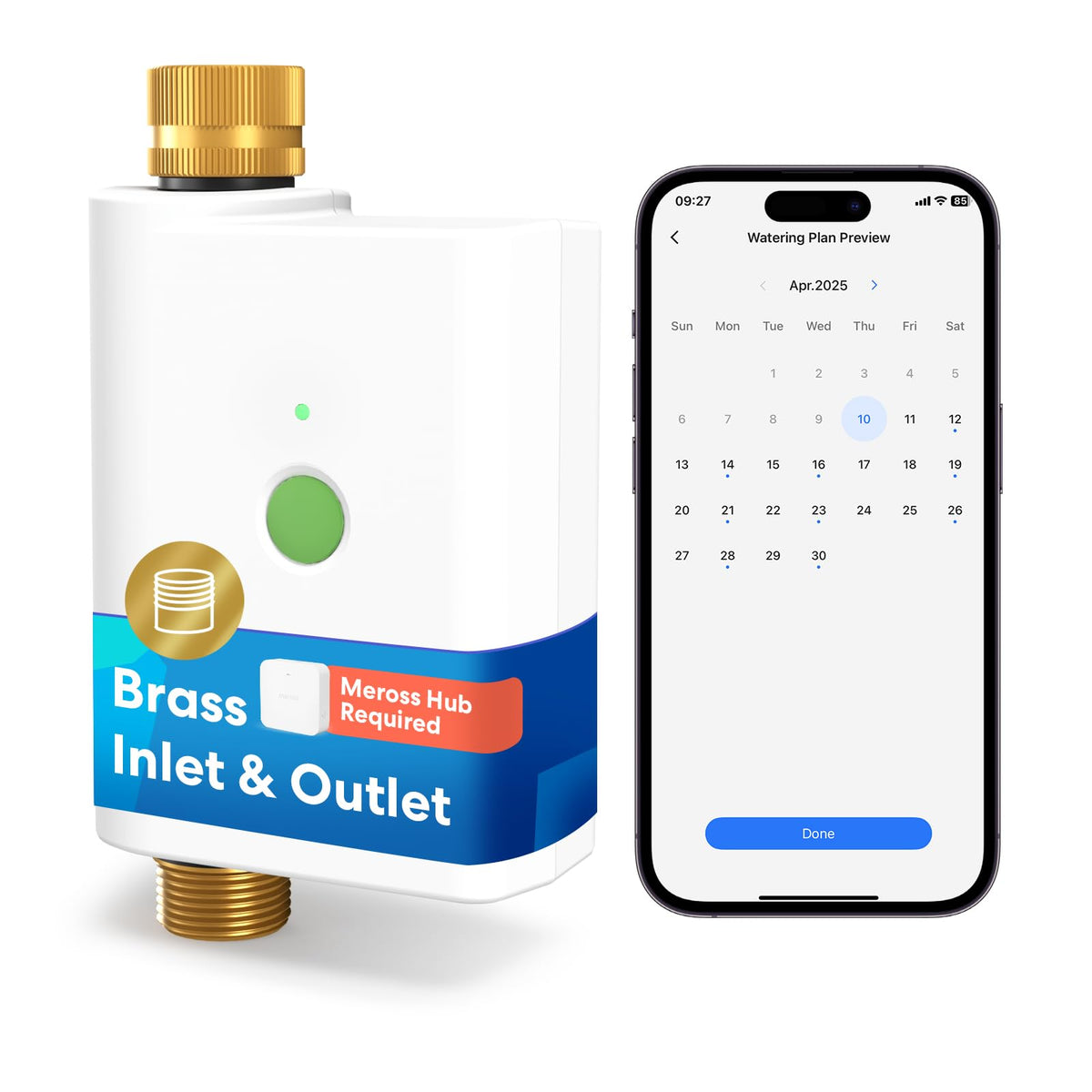 meross front view of WiFi water timer showing durable housing and connector benefit: reliable outdoor control