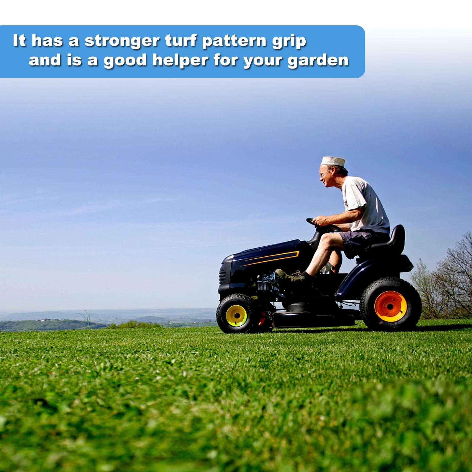 MerryYard wheel on riding mower front illustrating improved handling and lawn care