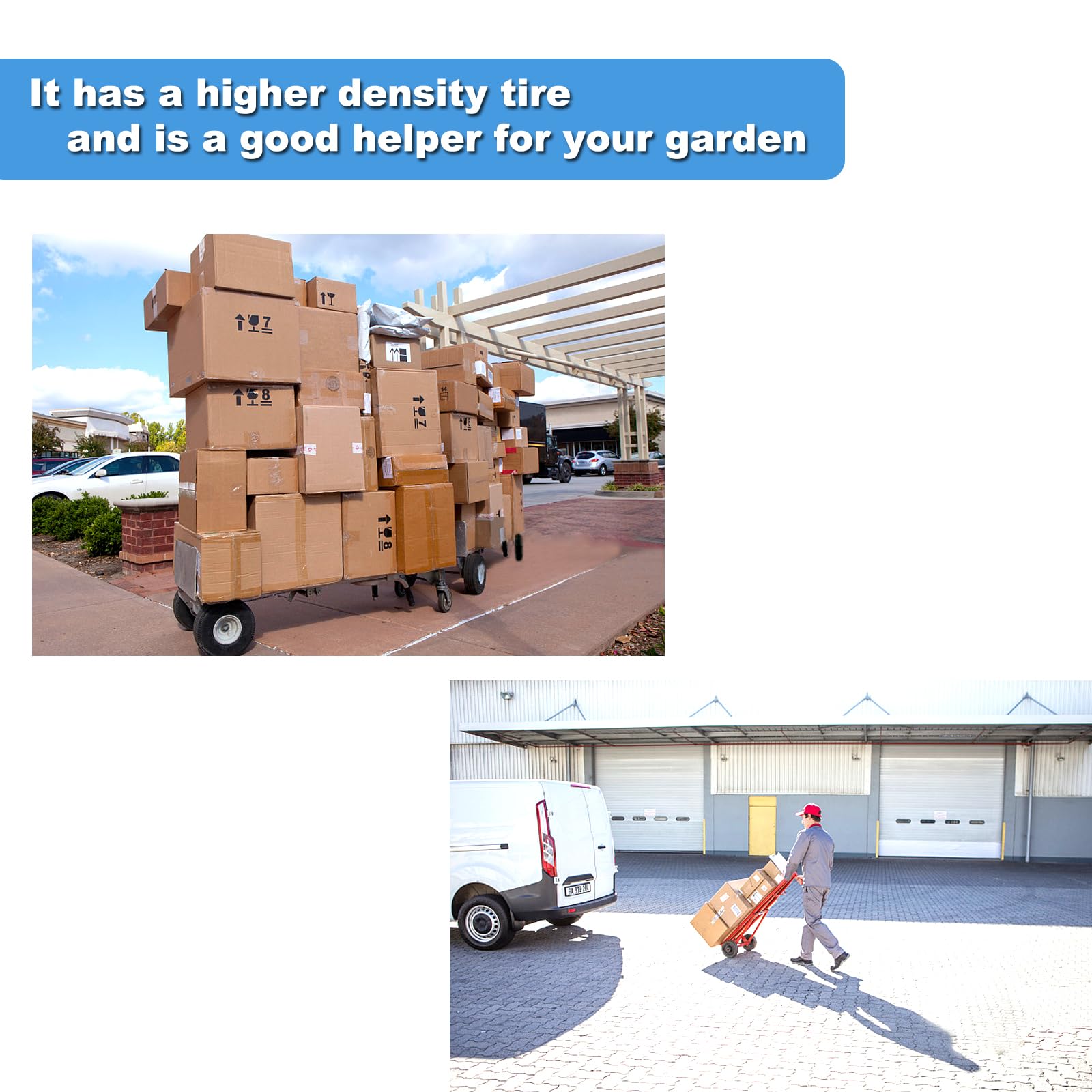 MerryYard in yard setting on a utility trolley showing quiet, floor-friendly rolling
