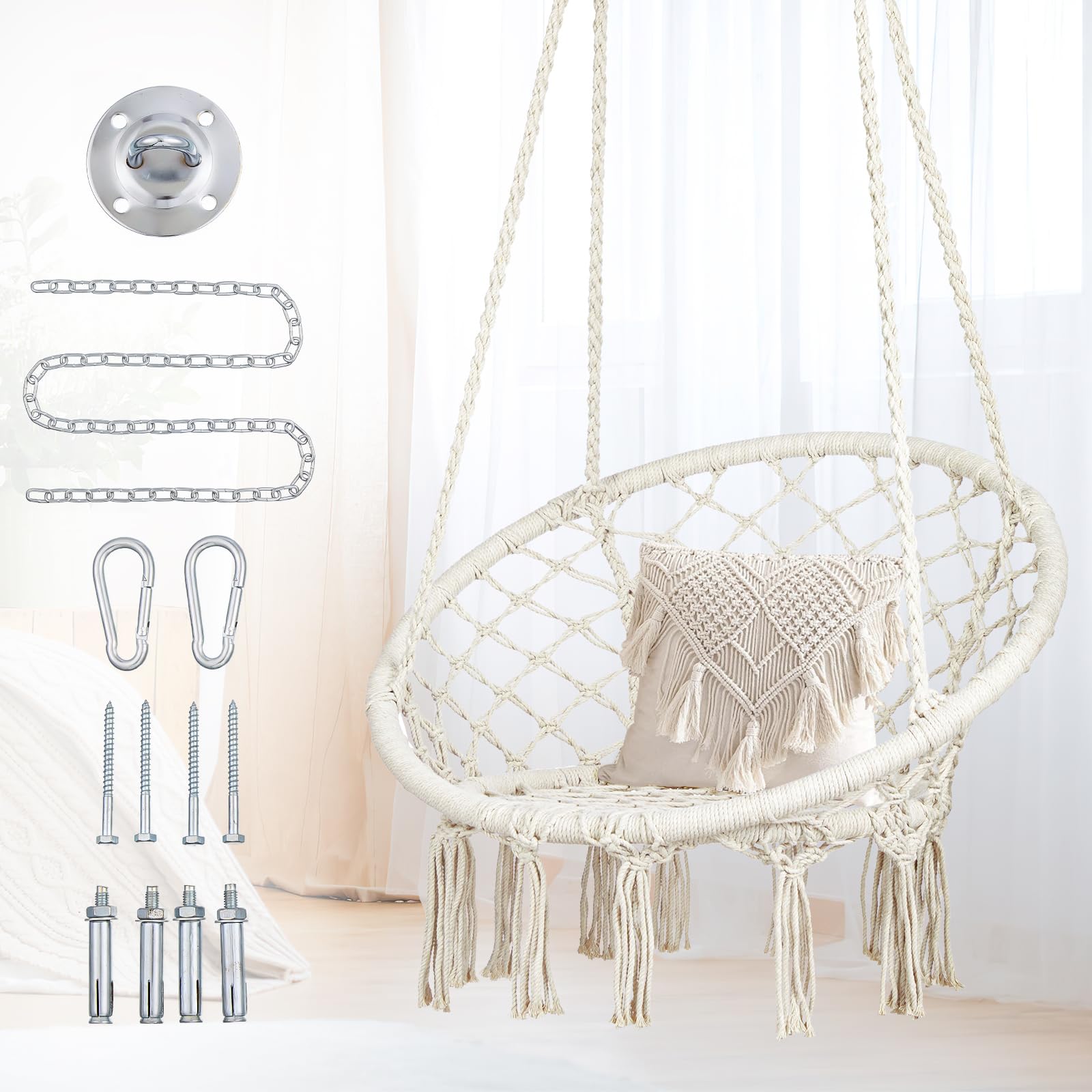 Mertonzo front view of hanging chair showing full macrame design and comfort