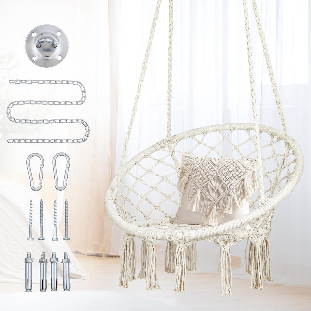 Mertonzo front view of hanging chair showing full macrame design and comfort
