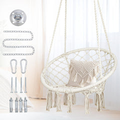 Mertonzo front view of hanging chair showing full macrame design and comfort