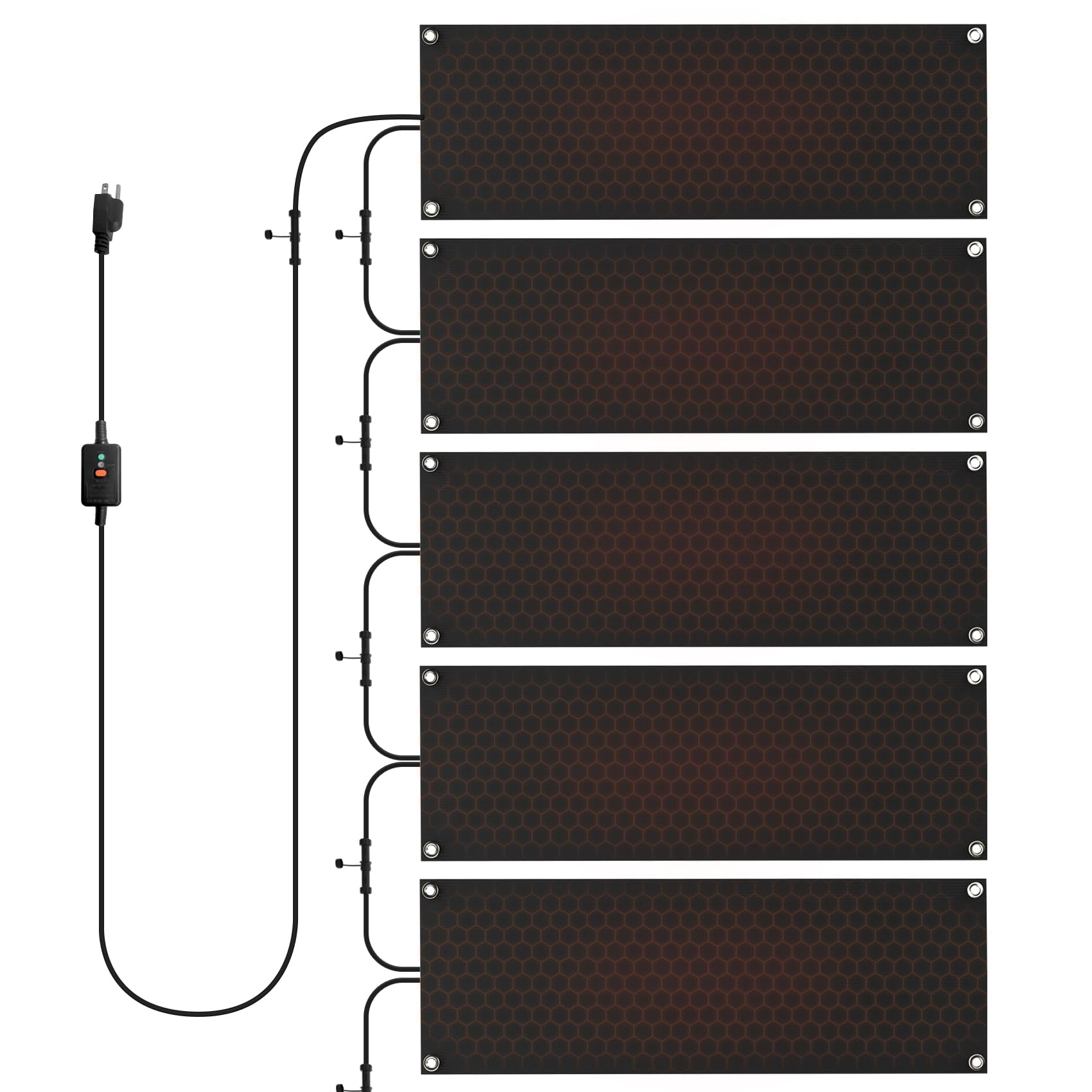 mestyl front packaging showing five heated mats and included adapter for quick setup