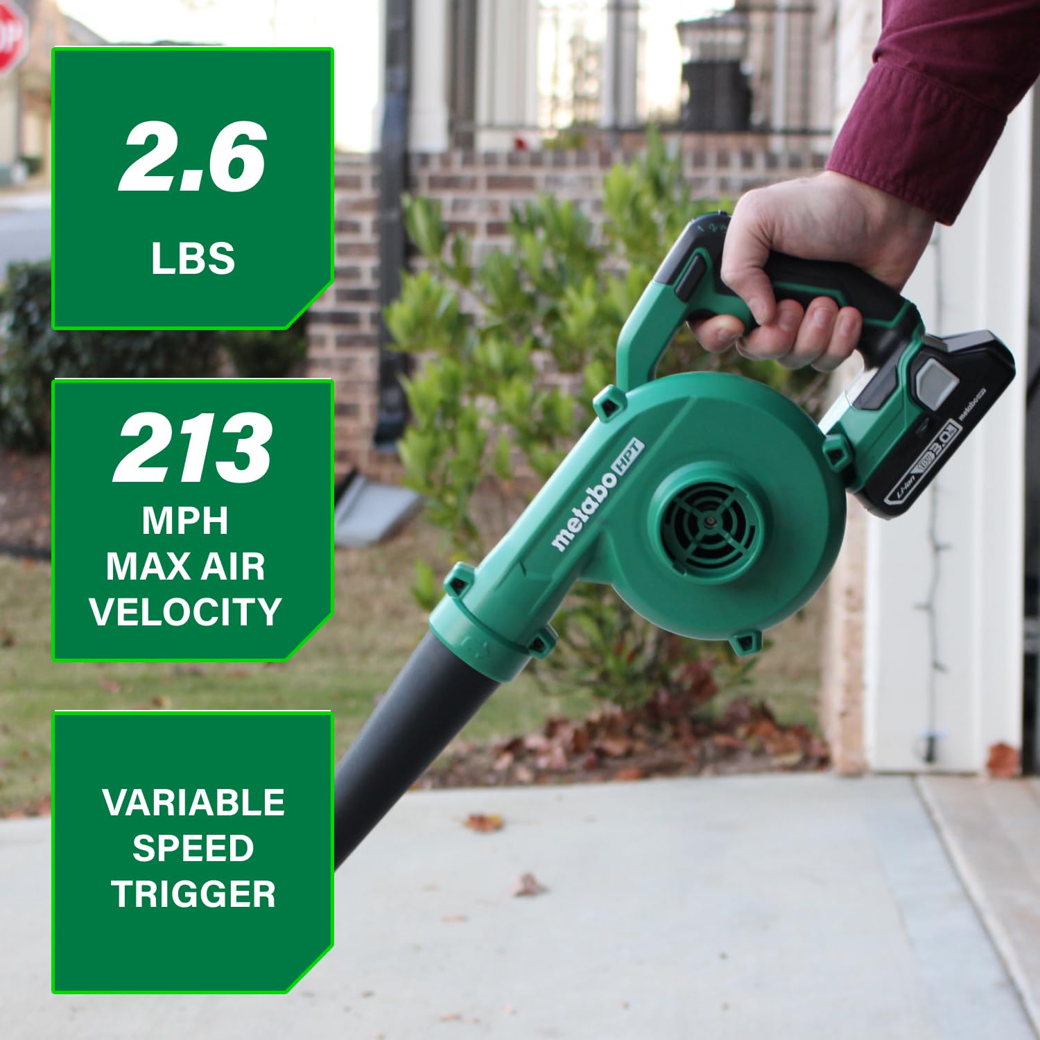 Metabo HPT blower side profile highlighting lightweight balance for less fatigue