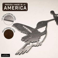 METALBIRD hummingbird close-up patina highlighting evolving rust finish
