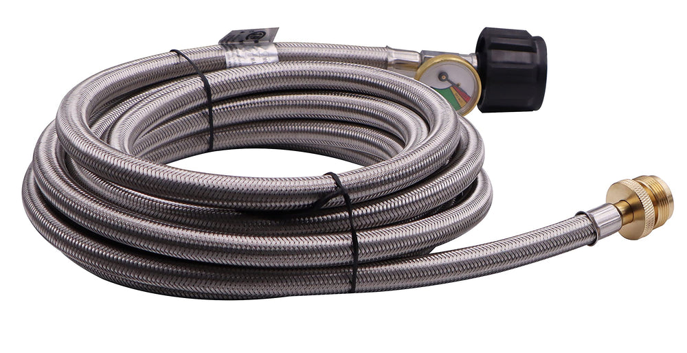 METER STAR hose beside 1 lb canister and 20 lb tank showing size and capacity comparison