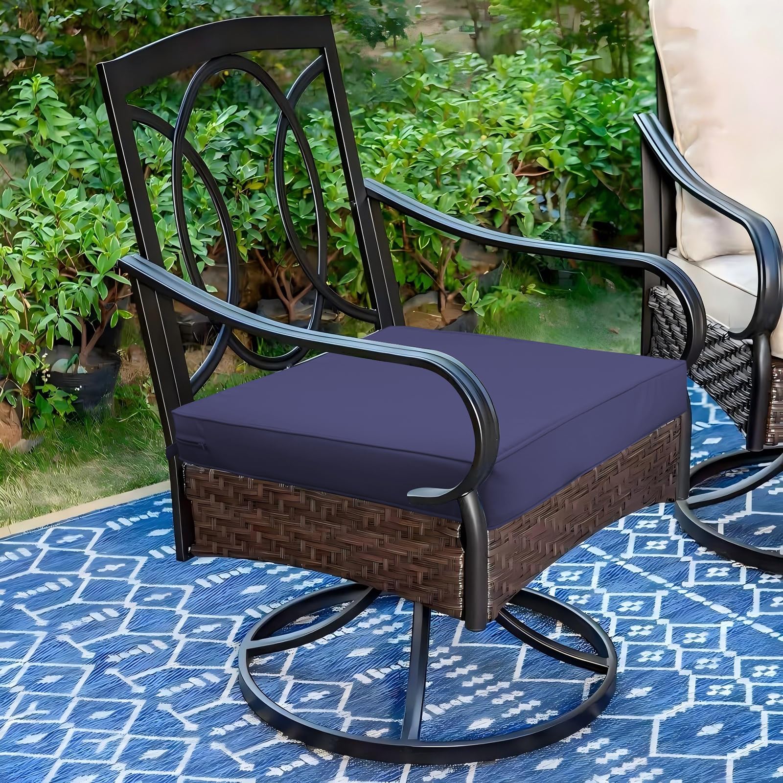 Metliv paired navy cushions staged on patio enhancing outdoor decor