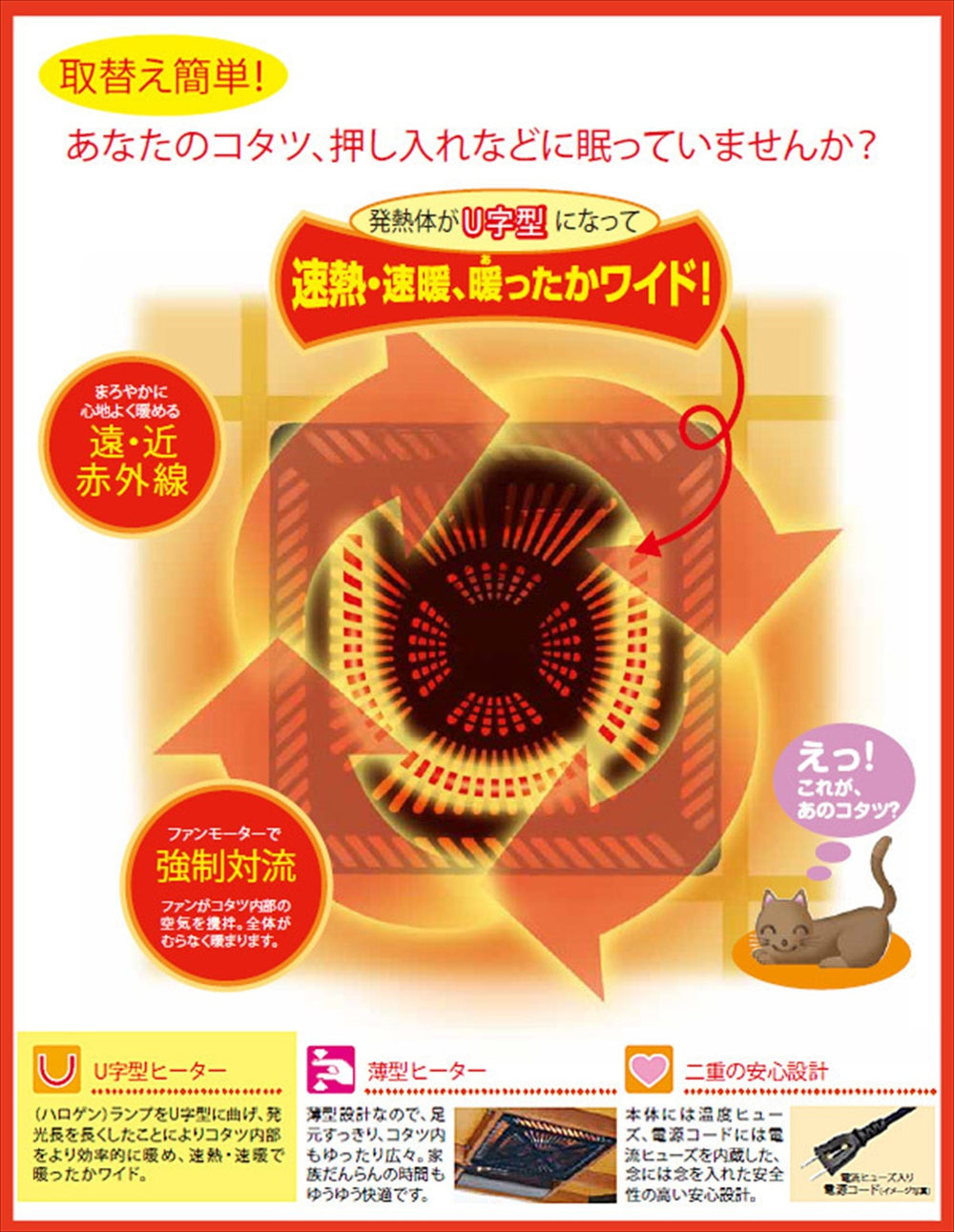 METRO heater installed under kotatsu table, efficient warmth delivered to tabletop interior