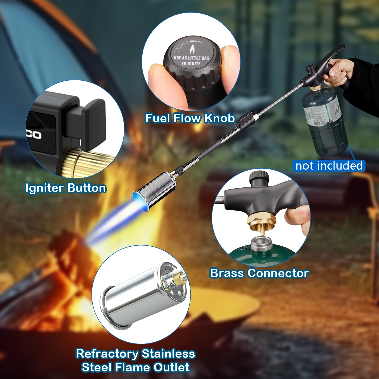 MetroTesco torch next to propane cylinder showing size and fit