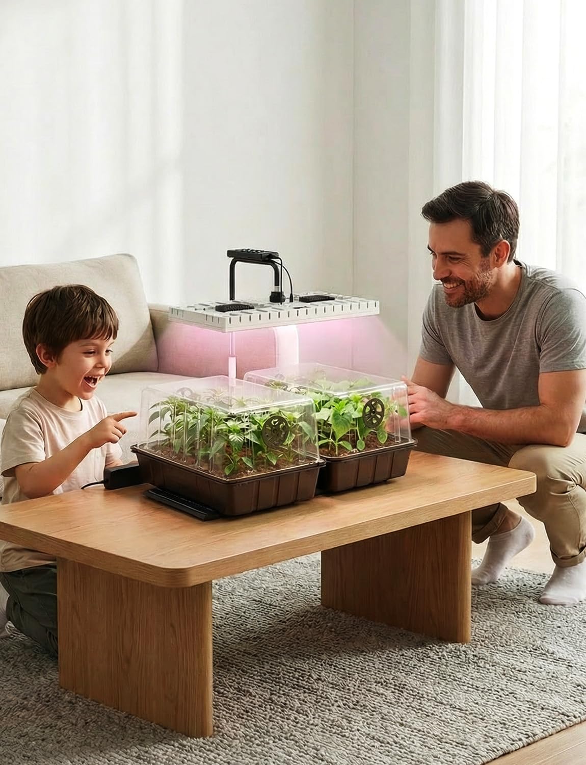 MetryGrow accessories spread showing included trays, dome, mat, light, adapters, and remote