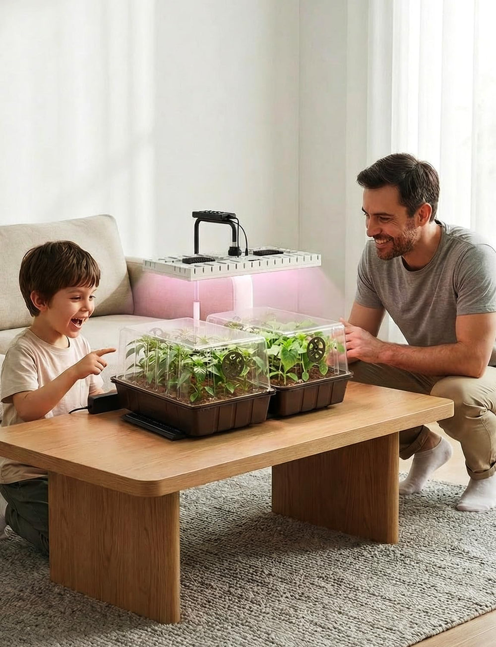 MetryGrow accessories spread showing included trays, dome, mat, light, adapters, and remote