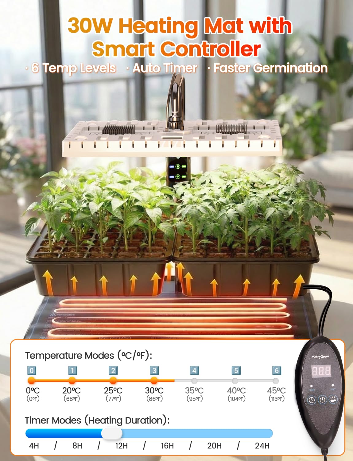 MetryGrow adjustable light stand raised over tray showing scalable height for growing plants