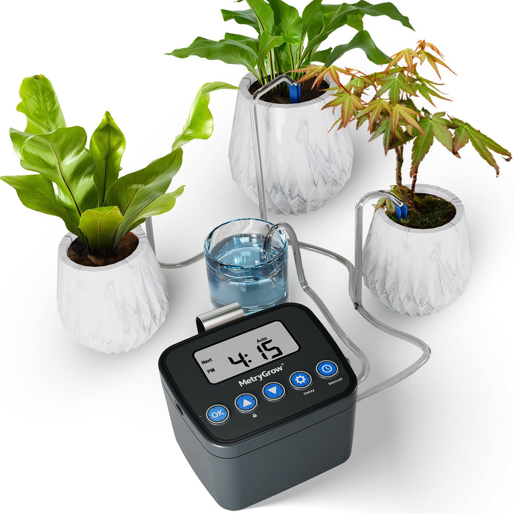 MetryGrow controller front view showing timer and compact design benefit